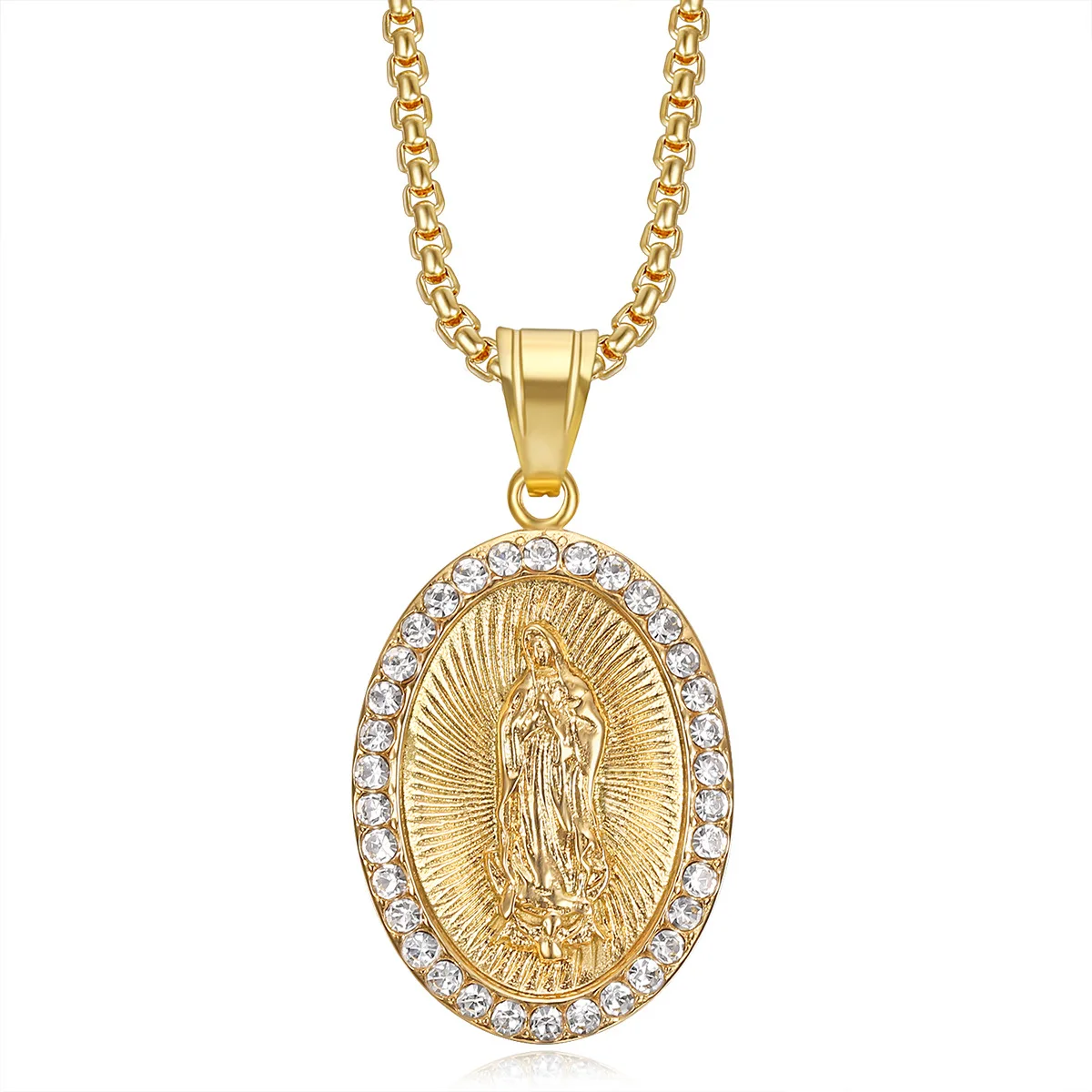 Virgin Mary Prayer Pendant Necklaces Gold color 316L Stainless Steel with rhinestone Women/Men Jewelry 3