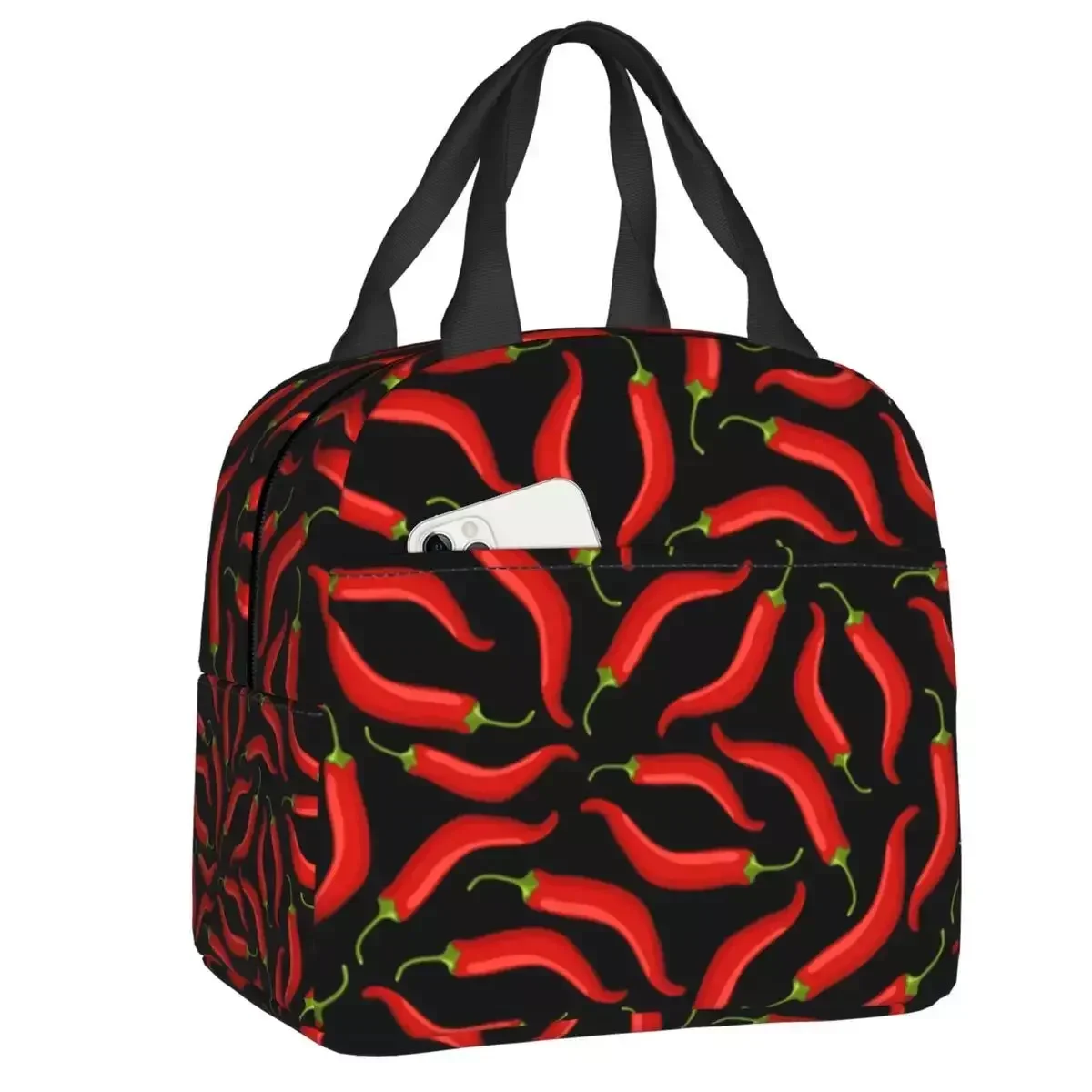 

2024 New Hot Red Chili Pepper Pattern Resuable Lunch Boxes Women Waterproof Vegetable Thermal Cooler Food Insulated Lunch Bag