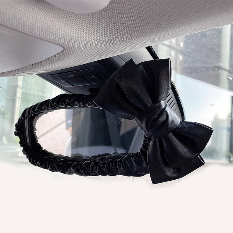 Fashion Pearl Bowknot Car Interior Rear View Mirror Cover Leather Auto Mirror Case Decoration Accessories For Women and Girls