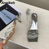 Aneikeh-Sandales en cuir verni à lacets croisés pour femmes, chaussures de soirée à bande étroite, talon bas fin, gladiateur Rome d'été, mode 2025 6