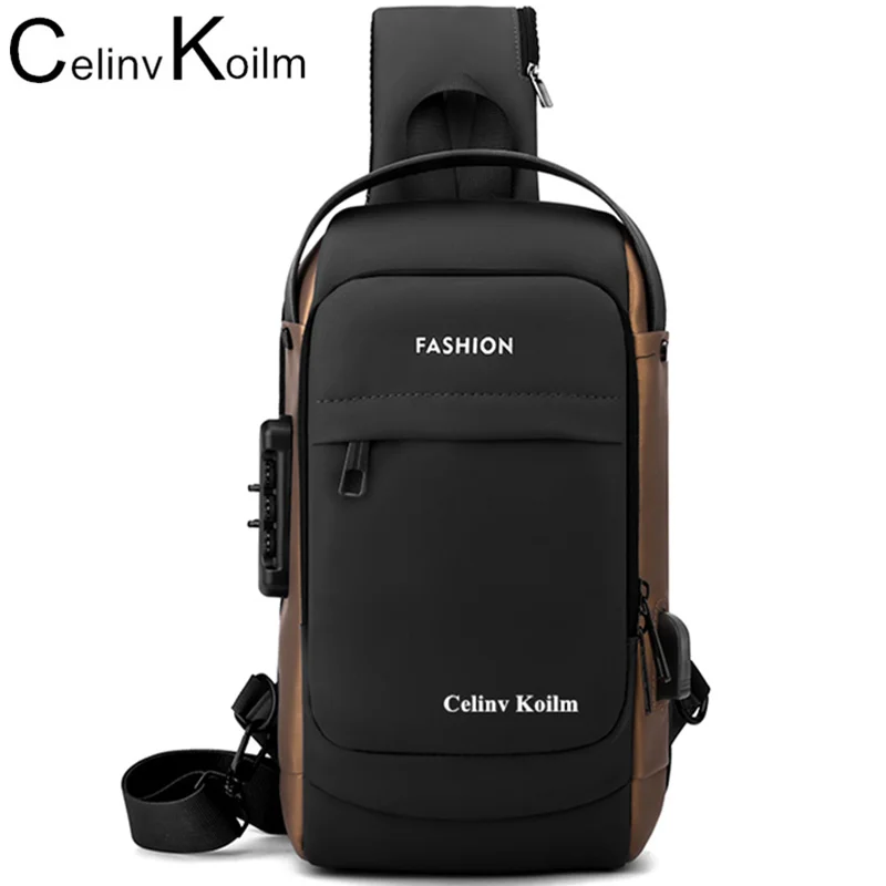

Celinv Koilm Chest Sling Safety Lock Male Anti-theft Fashion Travel Pack Brand High Quality Men USB Crossbody Shoulder Bags