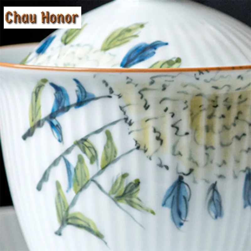 140ml Pure Hand-painted Hydrangea White Porcelain Tea Tureen Vertical Tea Maker Bowl With Lid Household Kung Fu Teaware Ceremony