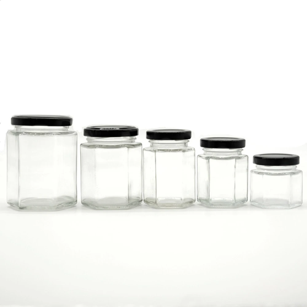 Clear Hex Glass Jar with Metal Lug for Honey Sea Moss Hot Sauce Full