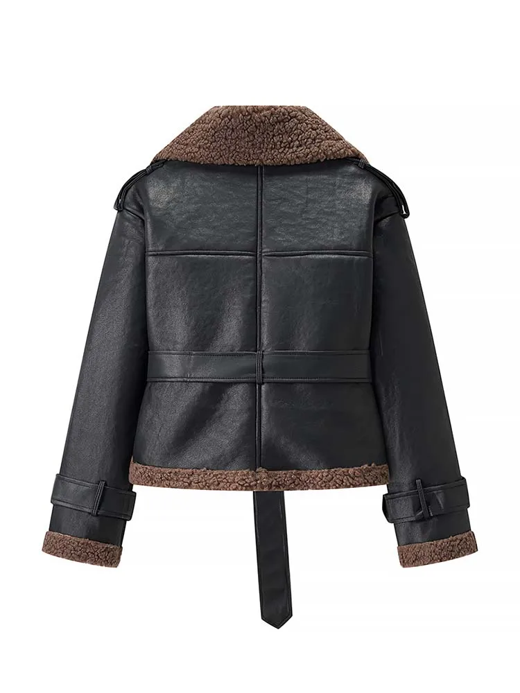 Women Fur Integrated Jacket 2025 New Autumn And Winter Fashion Long Sleeve Coat With Belt Female Elegant High Street Outerwear