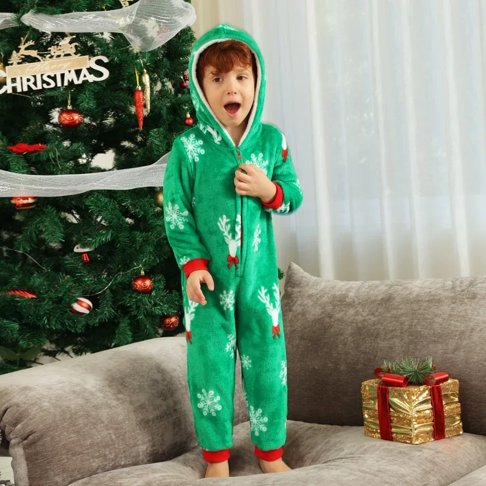 Winter Children's Christmas Pajamas Baby Boys Girls Zipper Hooded Jumpsuit Warm Thick Flannel Romper Xmas Clothing