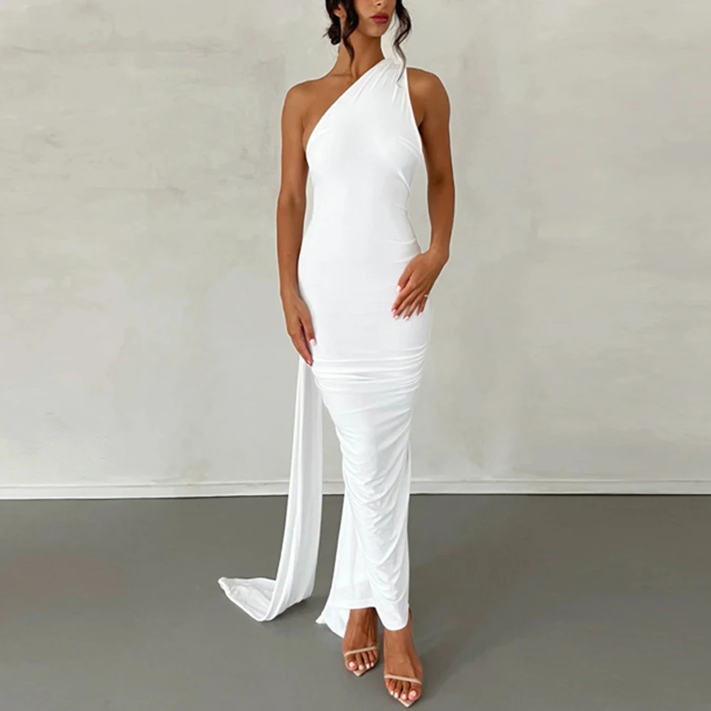

Women's Elegant Party Evening Dress Solid Color Black White Backless Pleated Sleeveless Tight Formal Occasion Long Maxi Dress