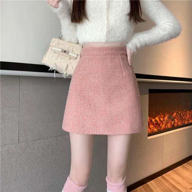 Saia A Line de cintura alta em tweed com Fragrant Temperament elegante para outono/inverno