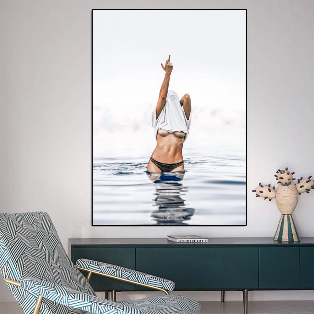 

Sexy Girl Swimming Poster And Print Nude Women Erect Middle Finger Canvas Painting Wall Art Picture Living Room Home Decoration
