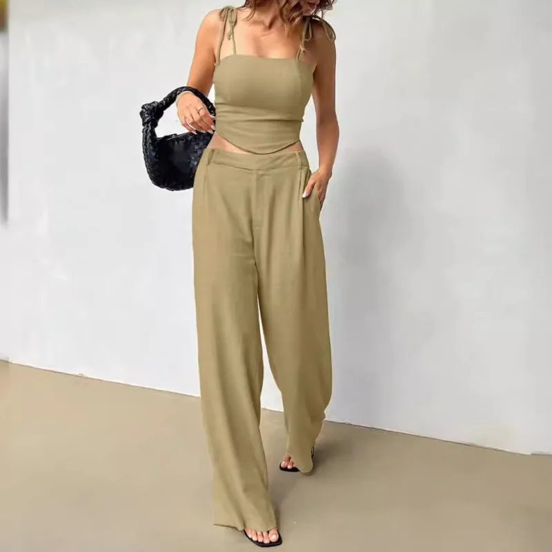 Fashion New Halter Top Bra Halter Short Jacket High Waist Wide Legs Long Pants Two-piece Summer Autumn 2024 Commuter Ladies Suit