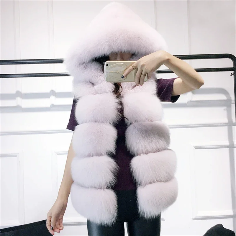 Sleeveless Faux Fur Vest Winter Casual Outerwear Female Solid Fake Fox Fur Hooded Overcoats For Lady 2024 Fashion Fur Vest Femme