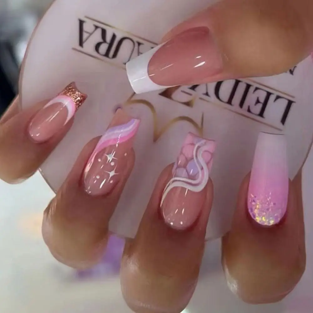 

24pcs Detachable Press on Nails DIY Full Cover Long French Fake Nails Sweet Pink Wavy Ballerina