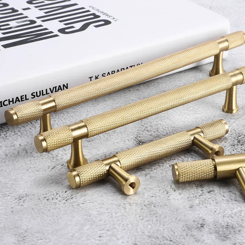 โมเดิร์น Knurl ทองเหลืองตู้ลูกบิดและมือจับ Golden Luxury Handle สําหรับเฟอร์นิเจอร์ลิ้นชักตู้เสื้อผ้าตู้รองเท้าดึง 1