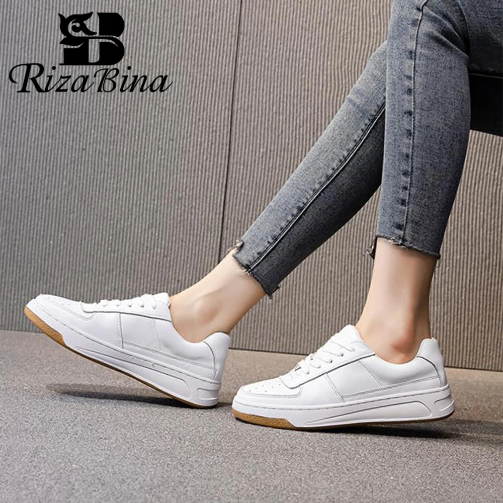 RIZABINA Ins Women Sneakers Real Leather Fashion Flats Shoes Woman Cross Strap Casual Daily Spring Lady Footwear Size 35-40