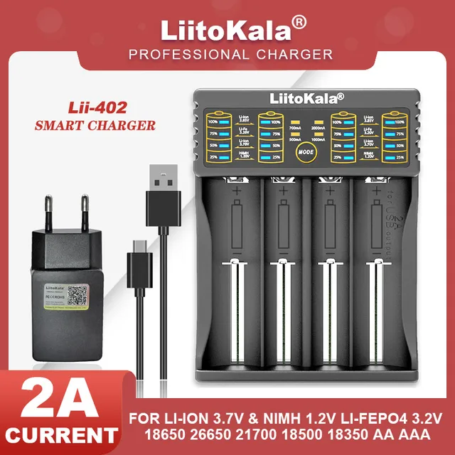Liitokala Lii-500 Lii-402 Lii-202 Lii-100 3.7V 1.2V Multifunction 18650 26650 21700 17355 18350 14500 AA AAA  Battery Charger Lii-402 and 5V 2A