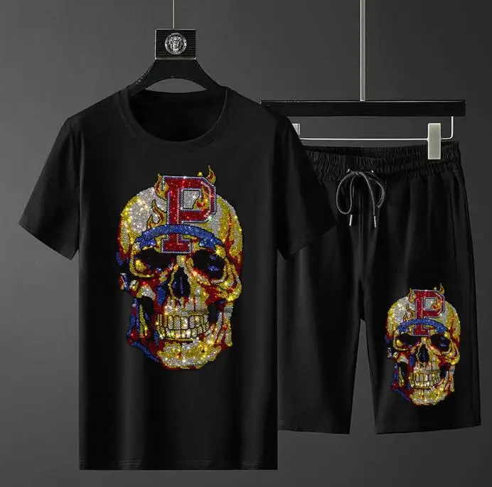 

Мужской тренировочный костюм S-4XL с рисунком черепа и бриллиантов, уличная одежда, костюм для фитнеса, топы и шорты