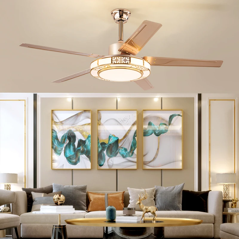 52 inche gold Chinese iron straight blade fan light 72W three colours changing light pure copper silent motor dining living Room