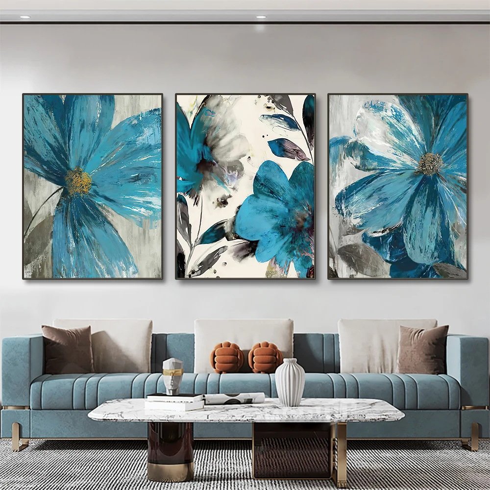 Astratta Wall Art Vintage Blue Paint Flowers Canvas Painting Blooming Still Life Poster E Stampe Picture No Frame