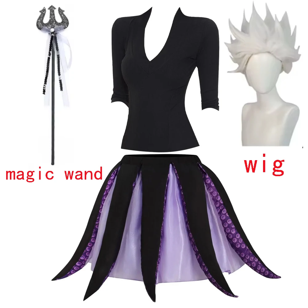 Costume da Ursula per Donna Adulta, Cosplay Sirenetta, Abito da Strega Marina con Tentacoli di Polpo, Maglietta e Gonna per Feste di Carnevale - immagine 4