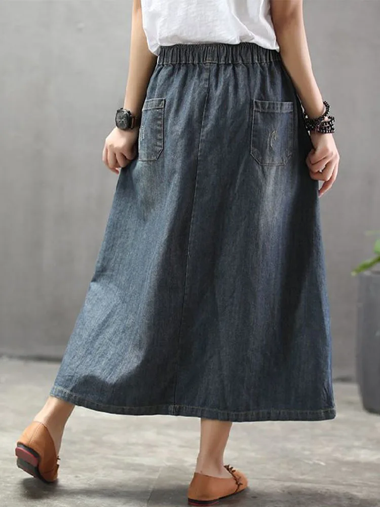AmaxluluE 2025 Fashion Streetwear Women Summer Classic Embroidery Loose Denim Holes Skirts Ladies Casual Vintage Cartoon Clothes