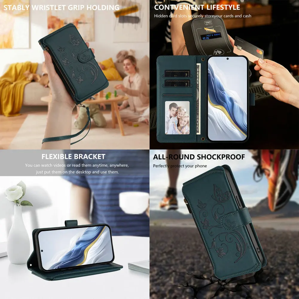Edmboss Floral Zipper Leather Wallet Case - Elegant Design