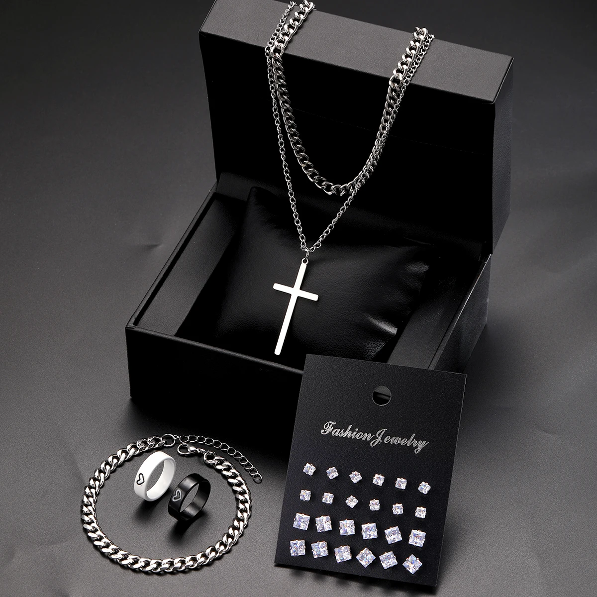 28pcs/set Casual Zircon Stud Earrings Cross Pendant Necklace Couple Ring Bracelet Set, Multi-piece Set, Suitable For Daily Wear