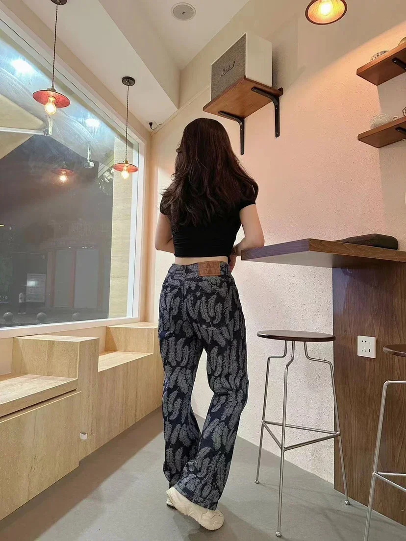 Japanese Style Hirata and Hiroshi Casual Denim Jacquard Feather Men's Women's Flared Loose Pants Versatile