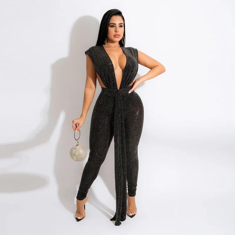 Sparkly Sequins Party Jumpsuits Women Sexy Deep V Neck Sleeveless One Piece Overall Elegant Backless Bodycon Romper Club Outfits