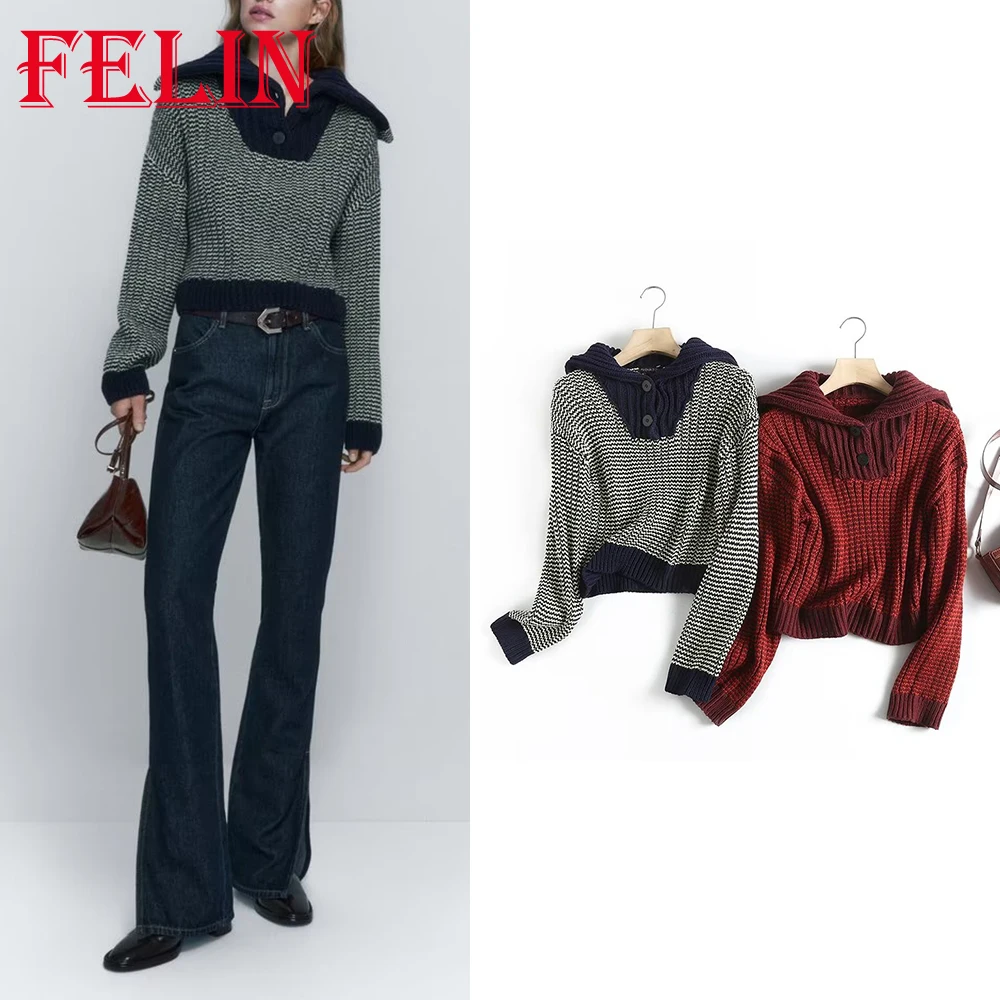 

TRAF Woman Autumn 2022 Casual Sweater Sailor Collar Fashion Women Knitted Pullovers Buttons Loose Female Thick Warm Sweater