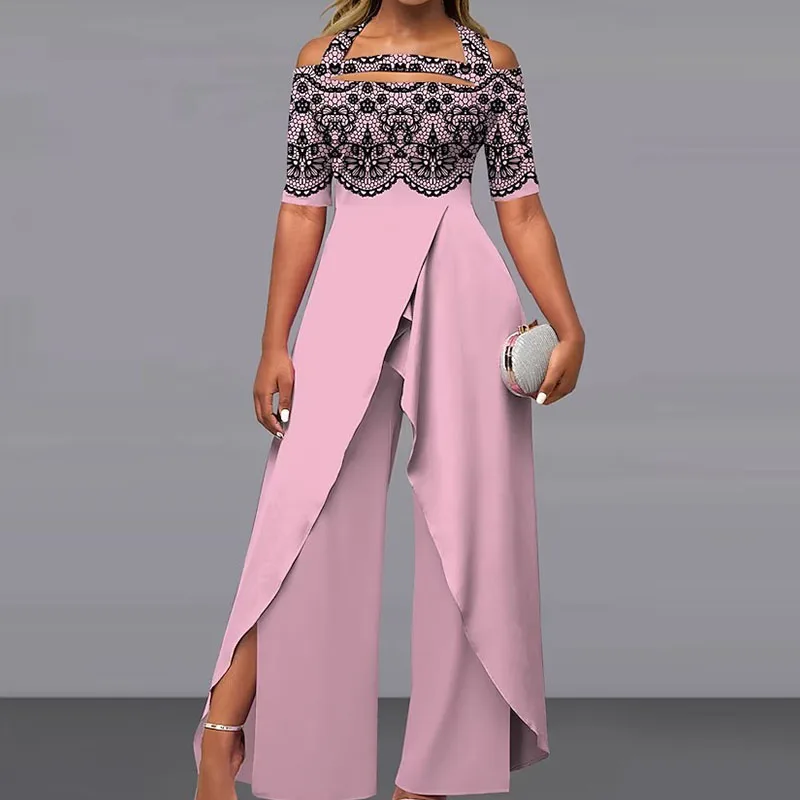 Elegant Pattern Print Short Sleeve Long Jumpsuit Women Chic Backless Lace-up Irregular Overall 2023 Fashion Female Split Romper