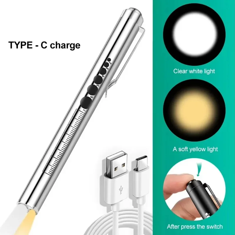 Mini Portable Penlight LED Flashlight Oral Pupil Medical Handy USB Rechargeable Stainless Steel Torch Light for Outdoor Fishing
