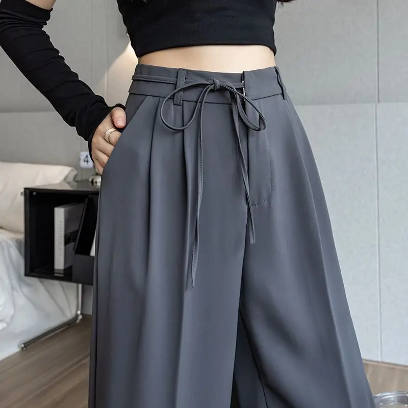 

Bandage Suits Pants High Waist Solid Floor Length Blazers Wide Leg Trousers Drape Straight Pantalon Lady Office Female 2371