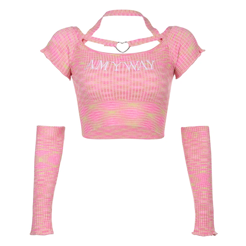 

Sweet and Spicy Style Vertical Stripes Love Iron Hoop Embroidered Halter Oversleeve off-Shoulder Top Short Slimming T-shirt