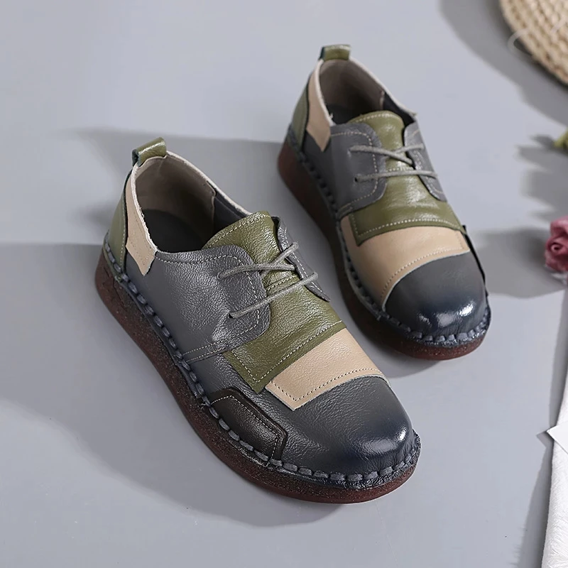 Women Mother Ladies Female Cow Genuine Leather Shoes Flats Loafers Slip On Casual National Style Plaid shoes