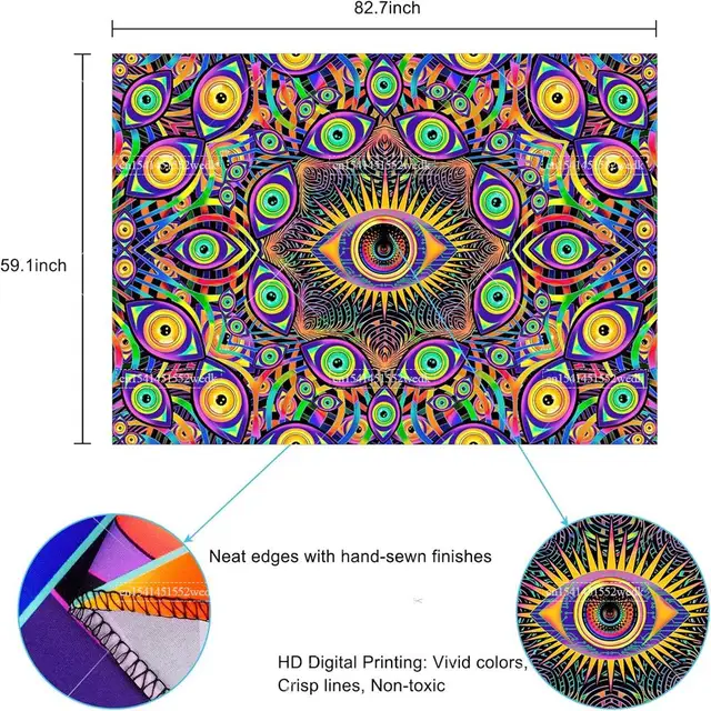 Blacklight Eyes Tapisserie Murale Réactive UV, Tapisseries Boho Mandala, Hippicopter, Trippy, Abstrait, Lumière Noire, Chambre 6