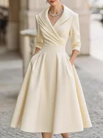 Fashionable commuting lapel cross pleated waist A-shaped dress for women - Image 3