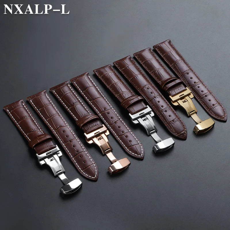 Luxurious Genuine Leather Watch Strap with Elegant Butterfly Clasp and Wooden Gift Box