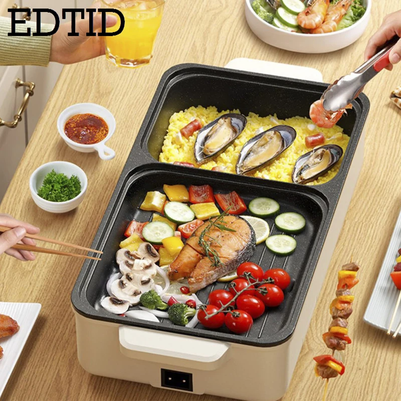 EDTID Multifunctional Electric Hot Pot Cooker Boilling Frying 2 IN 1 Pot BBQ Grill Non Stick Frying Pan Barbecue Plate Roaster
