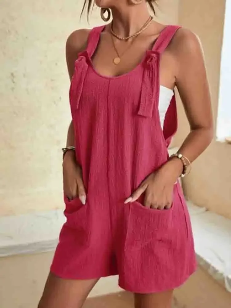 Women's Casual Summer Short Rompers Overalls 2024 Loose Sleeveless Tie Knot Strap Jumpsuits with Pockets