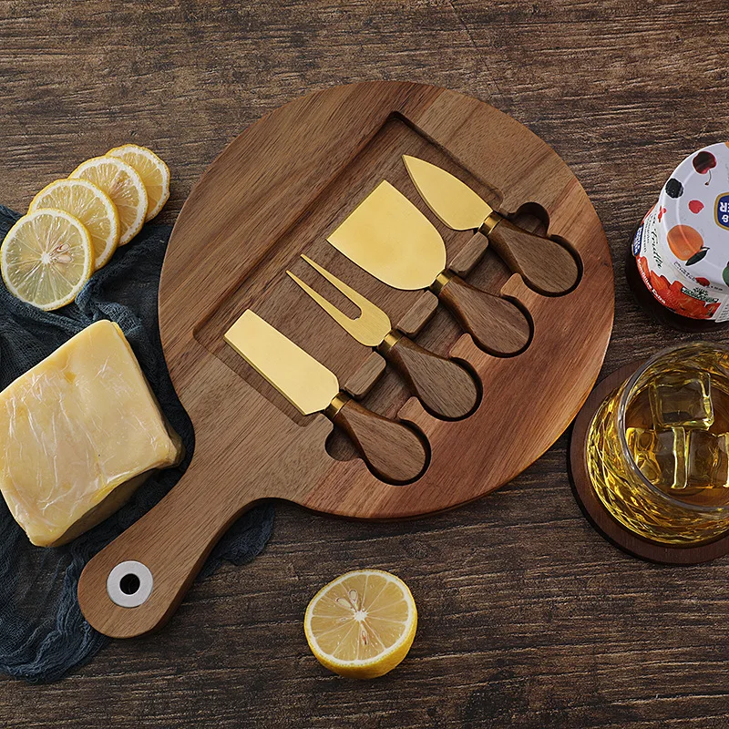 Cross border Wooden Board Steak Cutting Board Wooden Cheese Cheese Board Set with Stainless Steel Cheese Knife 4-piece Set