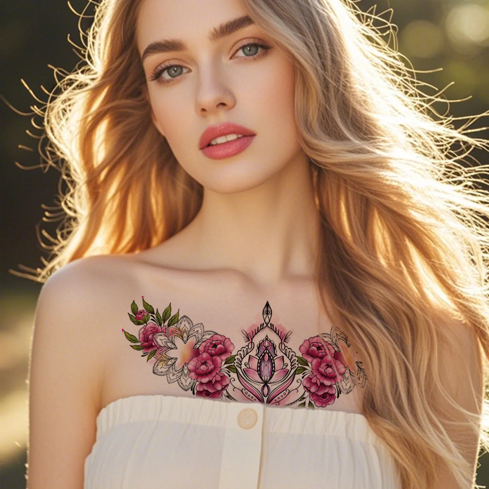 Colorful floral chest collarbone, European and American scar covering, waterproof and sexy floral arm temporary tattoo sticker