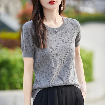 New Summer Fashion 100% Pure Cotton Women's Sweater Short sleeved Casual O-neck Pullover T-shirt Loose Knitted Hollow Top 1