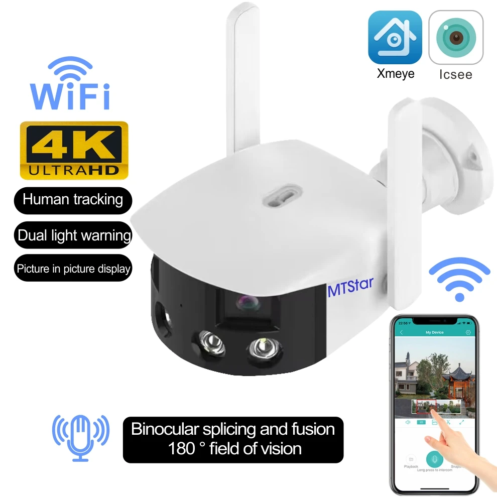 POE Onvif IP Camera WiFi Outdoor Security Surveillance Fisheye Panoramic Dual Lens 180° Ultra Wide Angle 4MP H.265 Two-way Voice