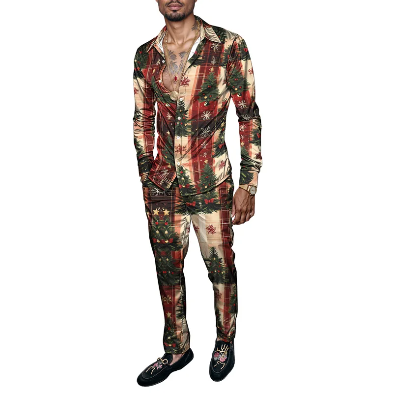2025 Fashionable Spring Summer Men Shirt Set Christmas Print Fashion Gingerbread Man Two Piece Set Mens Snowman Lightweight_voghion.com
