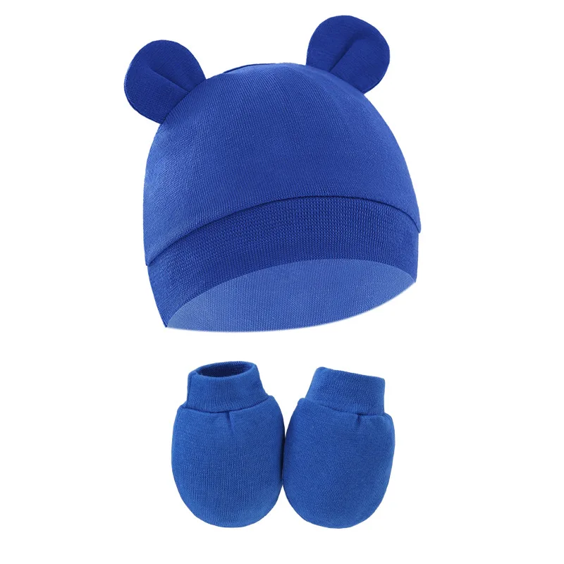 European and American Newborn Baby Cap Anti-grab Gloves Baby Hat Binaural Hat Gloves Two-piece Set 8305