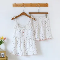 2026 Japanese Summer New Women's Pajama Set 100% Cotton Crepe Cloth Ladies Suspender+Shorts Two Piece Home Furnishing Set - Image 2