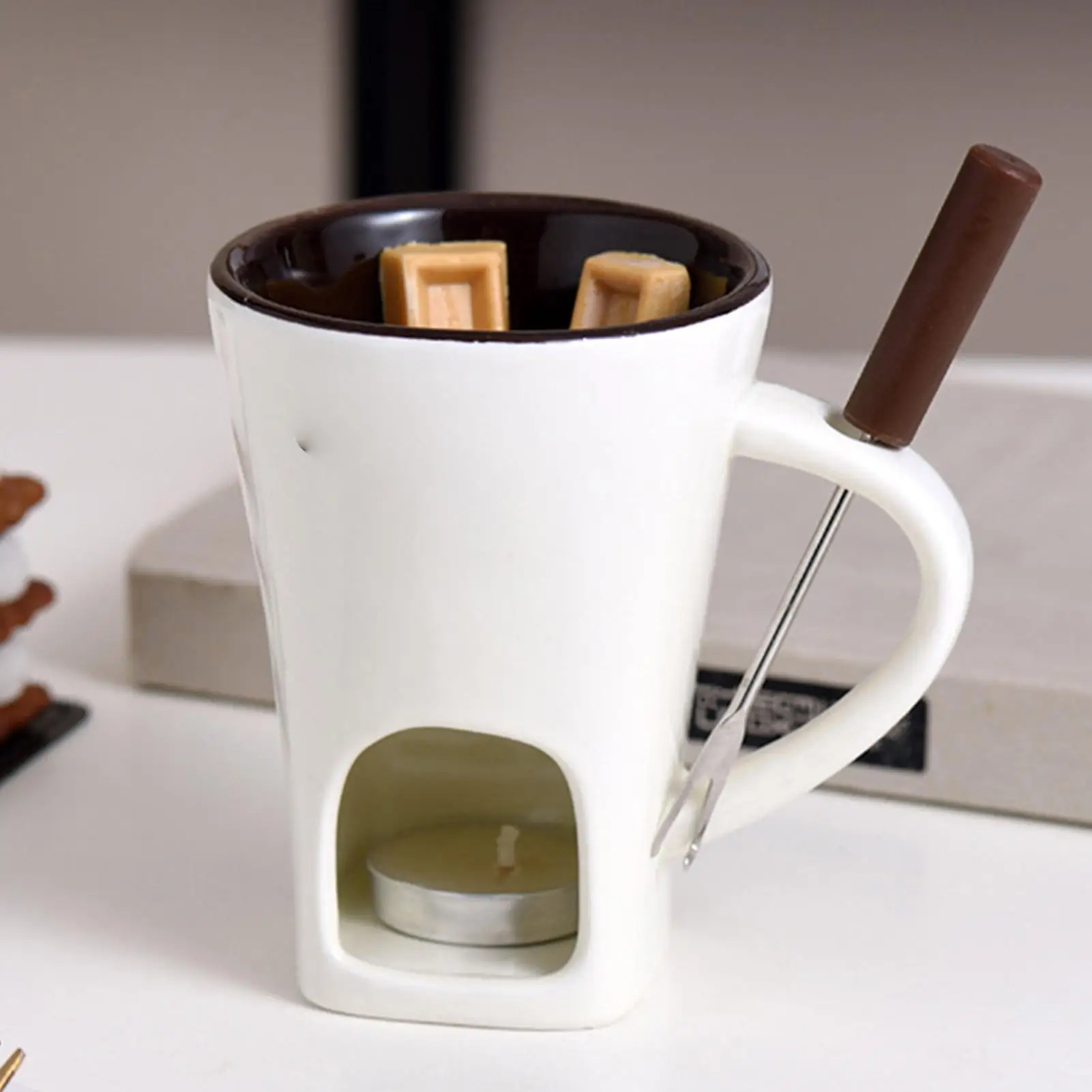 Chocolate Fondue Mug Set with fork and candle Mini Fondue Pots Cheese Ice Cream Fondue Maker Kit Butter Melter Cup Small Warmer