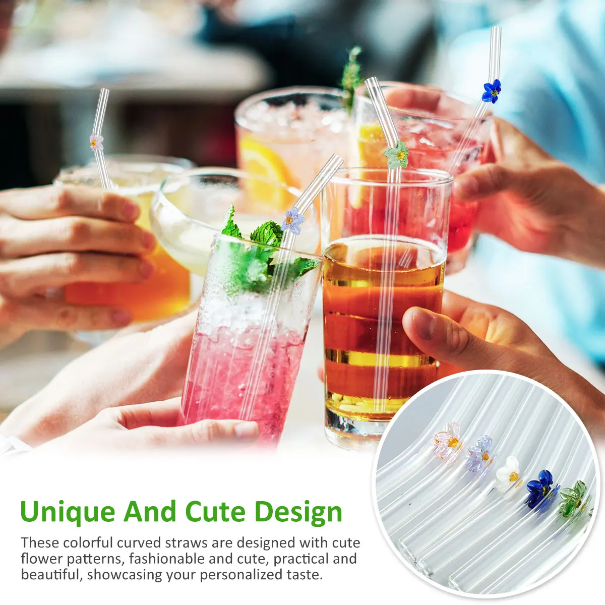 6Pcs Drinking Straws Clear Glass Drinking Staws with Cleaning Brush Cute Flower Tortoise Straws Heat-Resistant Smoothie drinking straws glass straw set