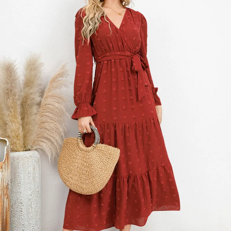 

Vintage Casual Korean Fashion Loose Sexy Simplicity Elegant Solid Color 2023 Women's Clothing V-neck Long Sleeve Pleated Dresses