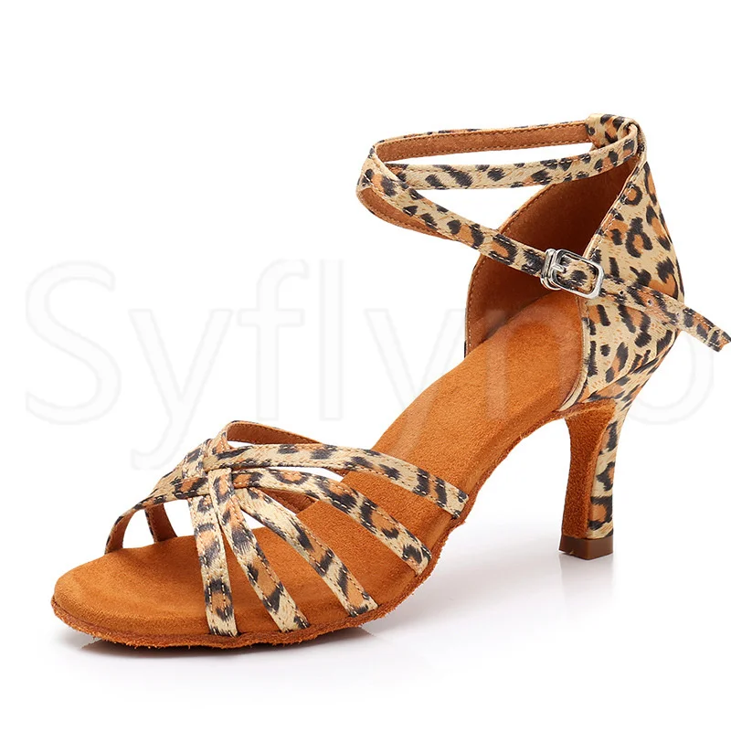 Syflyno Women's Adult New Indoor Middle Heel 5/7cm Dance Shoes Professional National Standard Latin Dance Shoes Satin Sandals