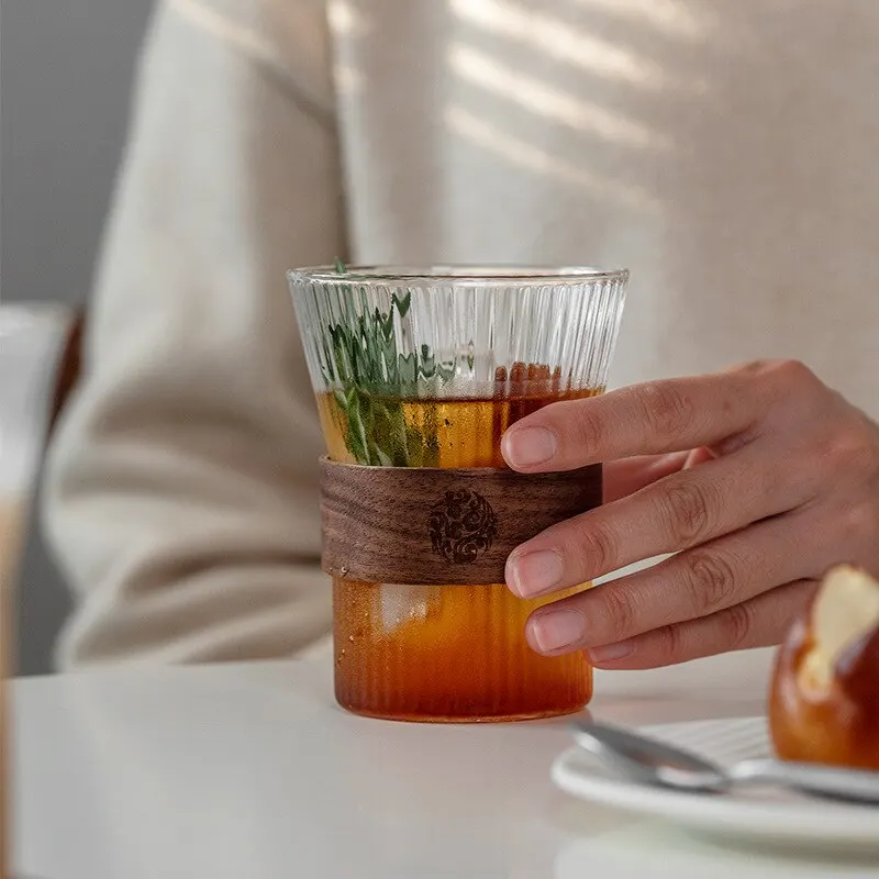 Glass Coffee Mug 350ML Japanese Style Glass Coffee Mug Walnut Cup Sleeve Tea Mugs Beer Mug